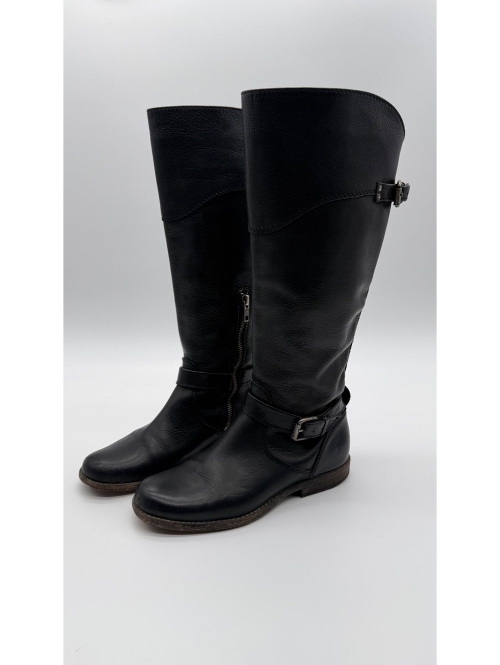 Frye Phillip Black Leather Riding Boots Women’s US 6B Tall Harness Buckle